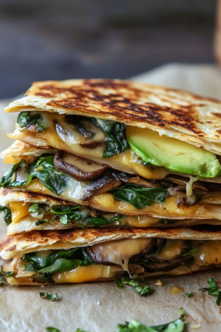 Crispy Mushroom, Spinach, and Avocado Quesadillas